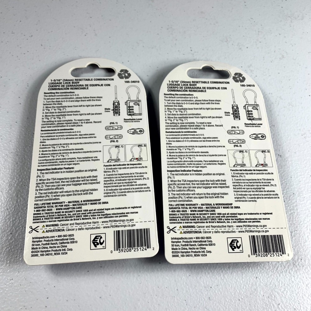 Brinks 34mm Solid Body TSA Indicator 3-Dial Resettable Lock Cable Shackle 2 Pack - Picture 3 of 4